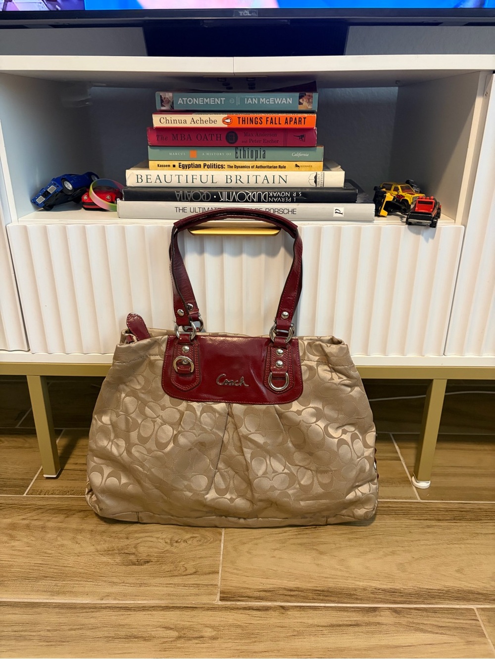 Coach F15510 Ashley Signature Sateen Carryall Tote Bag Khaki Red Patent Leather